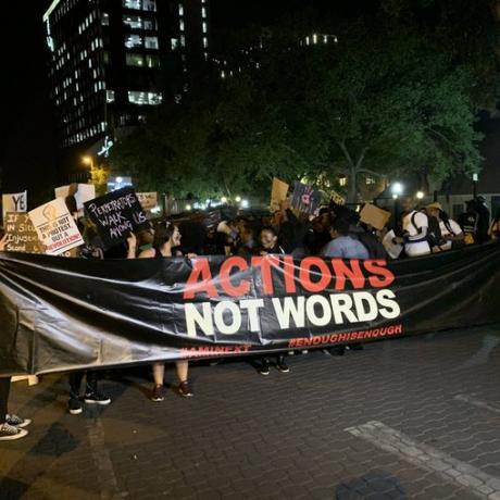 A photo of people demonstrating at the Sandton Shutdown